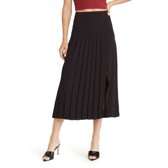 Nordstrom Open Edit Pleated Large Black‎ Pleated Slit Hem Midi Skirt - Picture 1 of 8